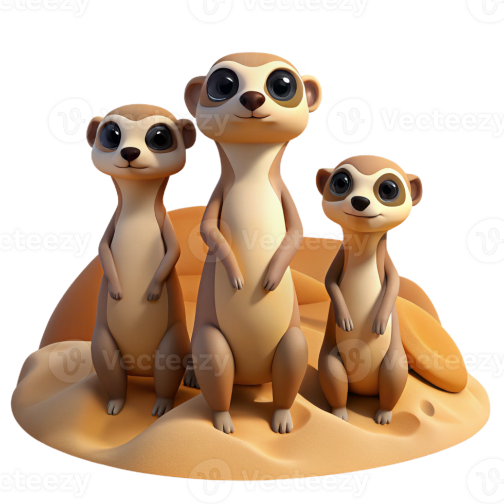 extraordinary traditional A group of meerkats standing guard on a sandy dune, warm desert lighting, cartoon style original png