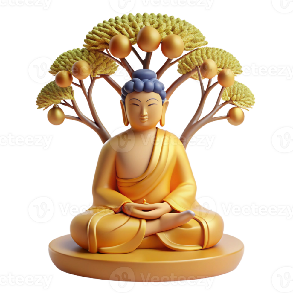 dramatic contemporary A serene Buddha meditating beneath the Bodhi tree, bathed in soft golden light, traditional Asian painting style professional png