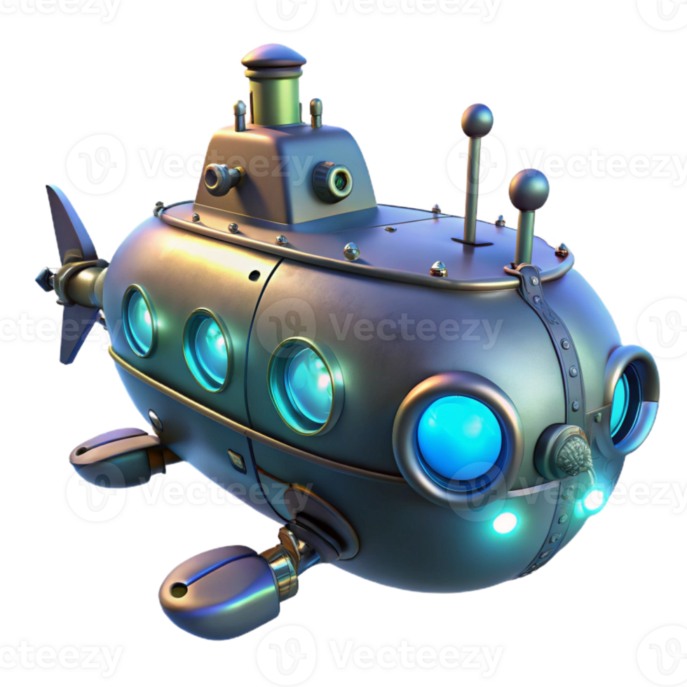impressive minimalist A steampunk submarine, exploring the depths of the ocean, illuminated by the faint glow of bioluminescent creatures. Deep sea lighting, science fiction style genuine png