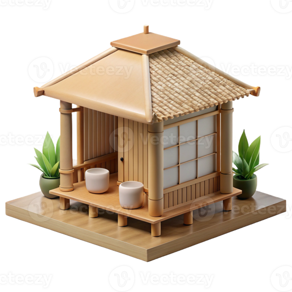 stunning abstract A minimalist Japanese tea house made of bamboo and paper, soft natural light, serene atmosphere, watercolor painting style, high quality png