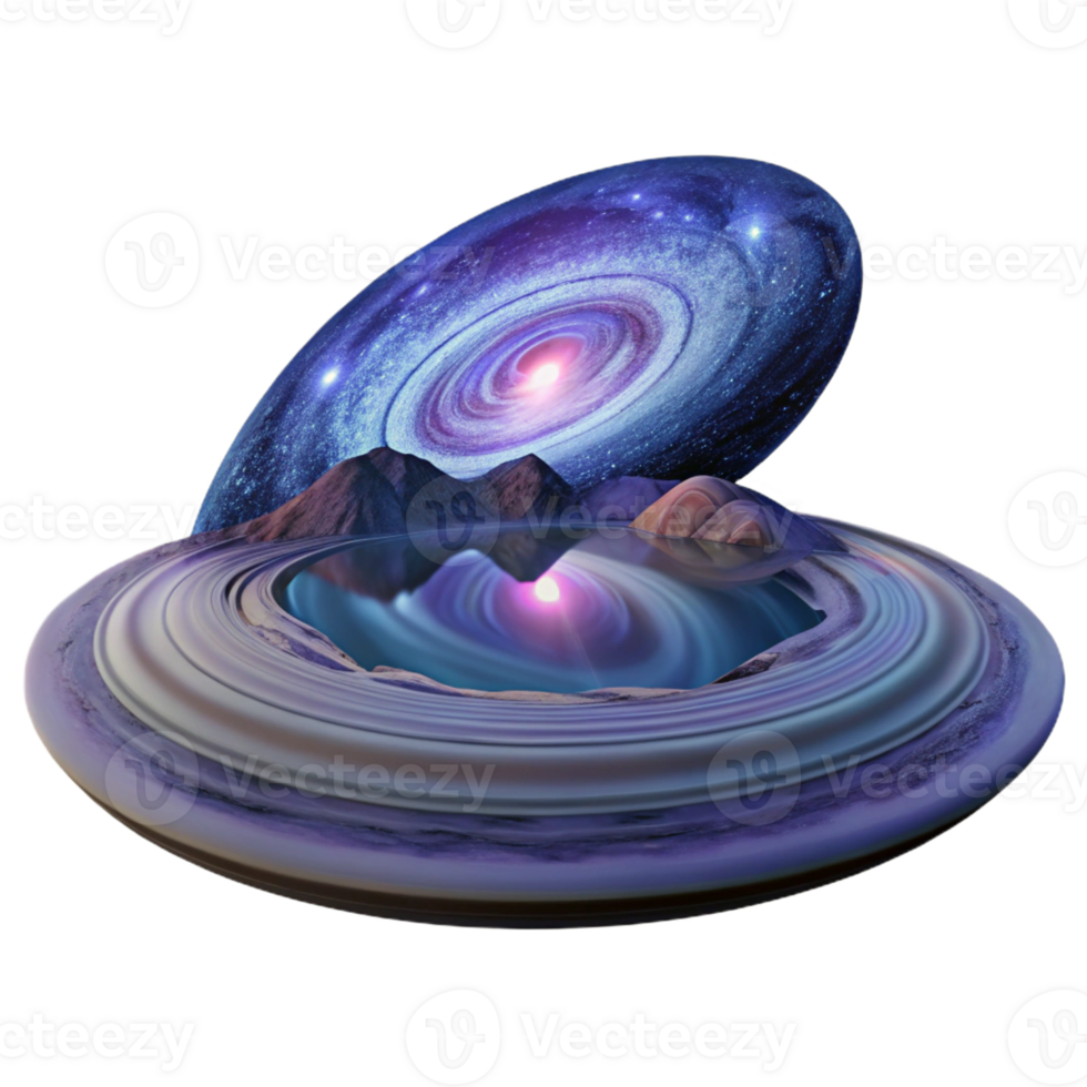 stunning creative A spiral galaxy reflected in a perfectly still lake, surrealism style, twilight lighting premium png