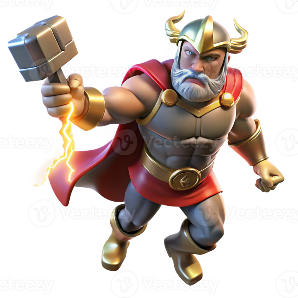 beautiful creative The Norse god Thor summoning lightning with Mjolnir, his hammer, muscles bulging with power, comic book style, dramatic lighting, high quality png