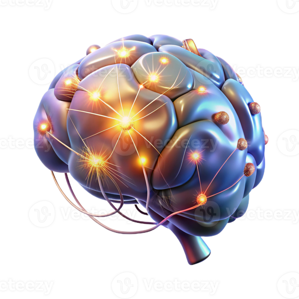 serene rustic A holographic projection of a human brain, neural pathways firing and glowing, lit by an internal light high resolution png