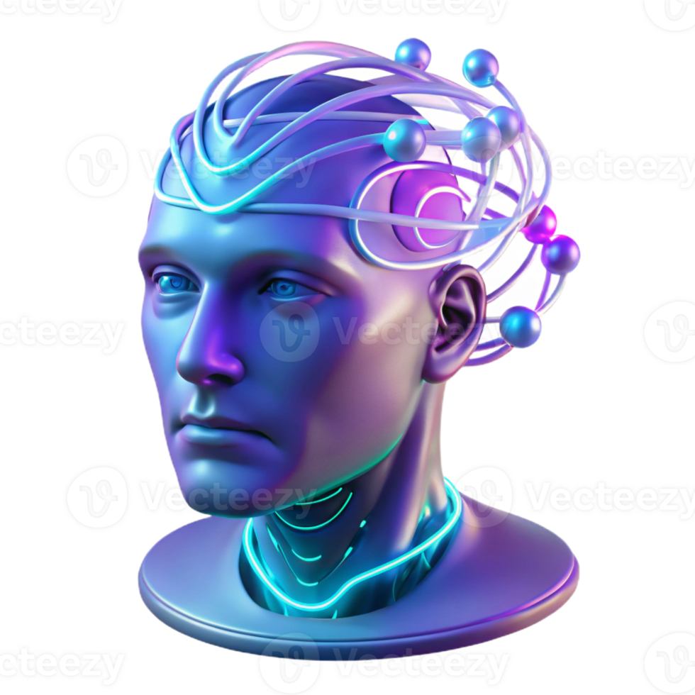 elegant modern A transparent human head filled with swirling digital data streams, biopunk style, neon lighting exclusive png