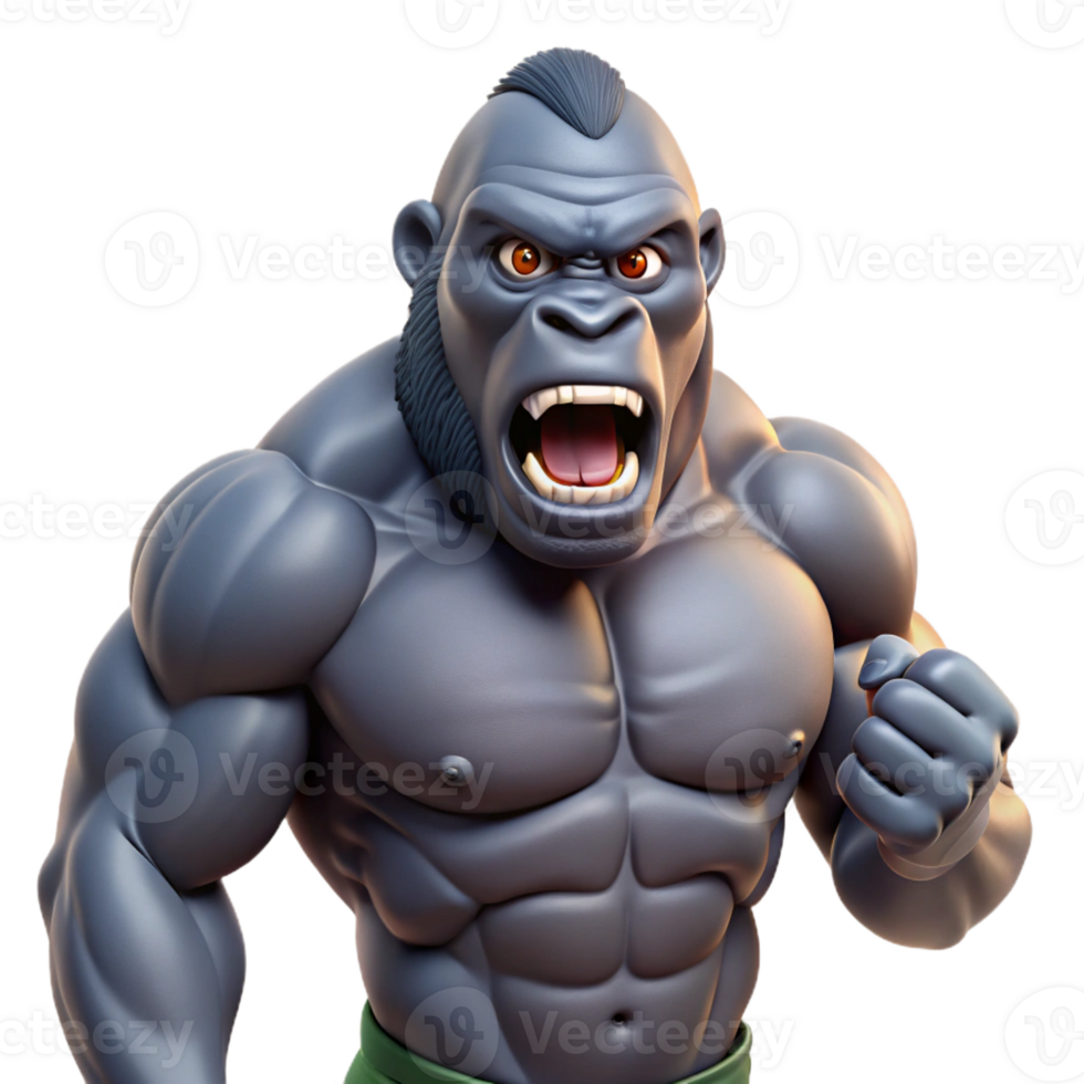 stunning abstract A powerful gorilla beating its chest, muscular physique and intense expression, realistic style premium png