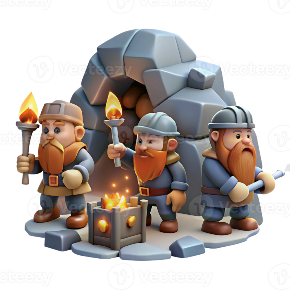elegant vintage A group of dwarves mining for gems in a dimly lit cavern, flickering torchlight, realistic style original png