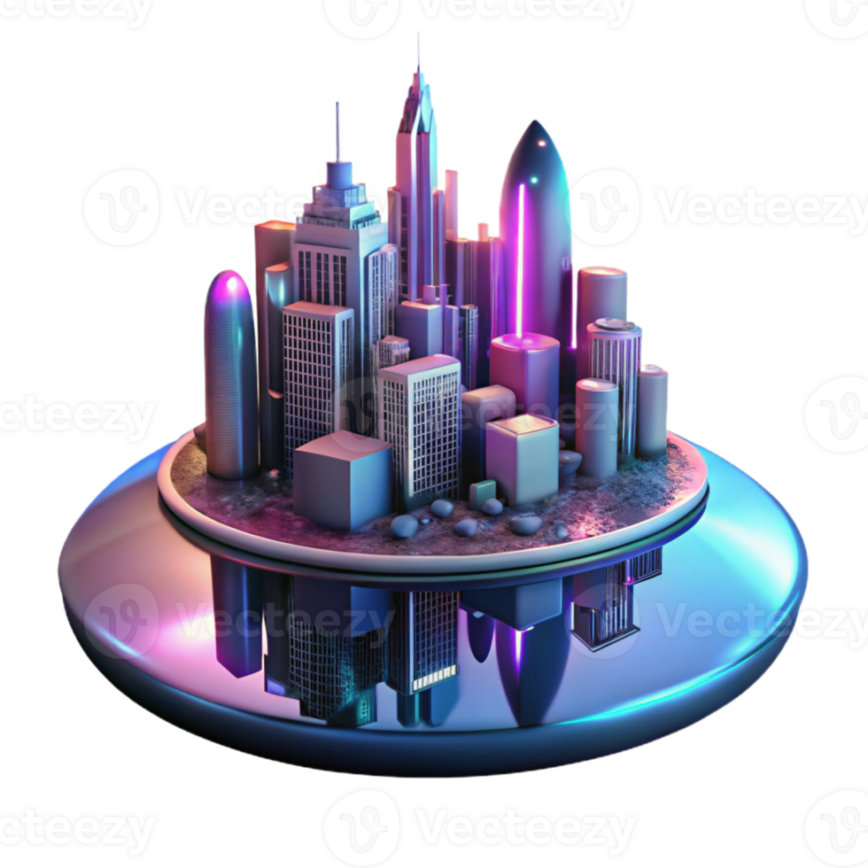 beautiful artistic A futuristic city skyline reflected in a rain puddle, cyberpunk aesthetic, neon lights and reflections authentic png