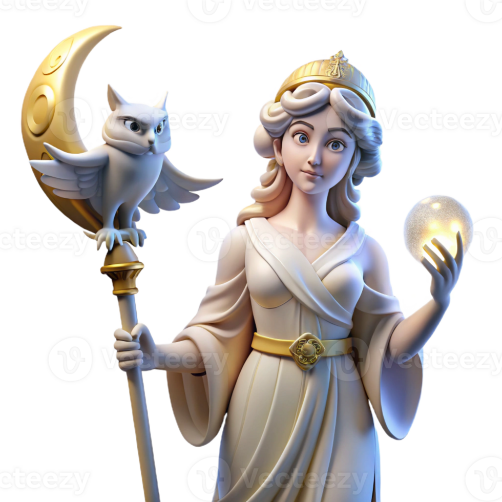 impressive abstract A wise Athena, Goddess of Wisdom, holding an owl and a spear, bathed in the soft glow of moonlight, neoclassical style detailed png