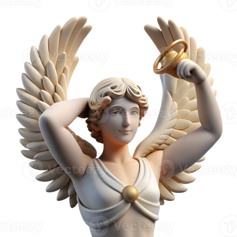 vibrant minimalist A winged Nike holding a laurel wreath, triumphant pose, classical Greek sculpture style, soft natural light detailed png
