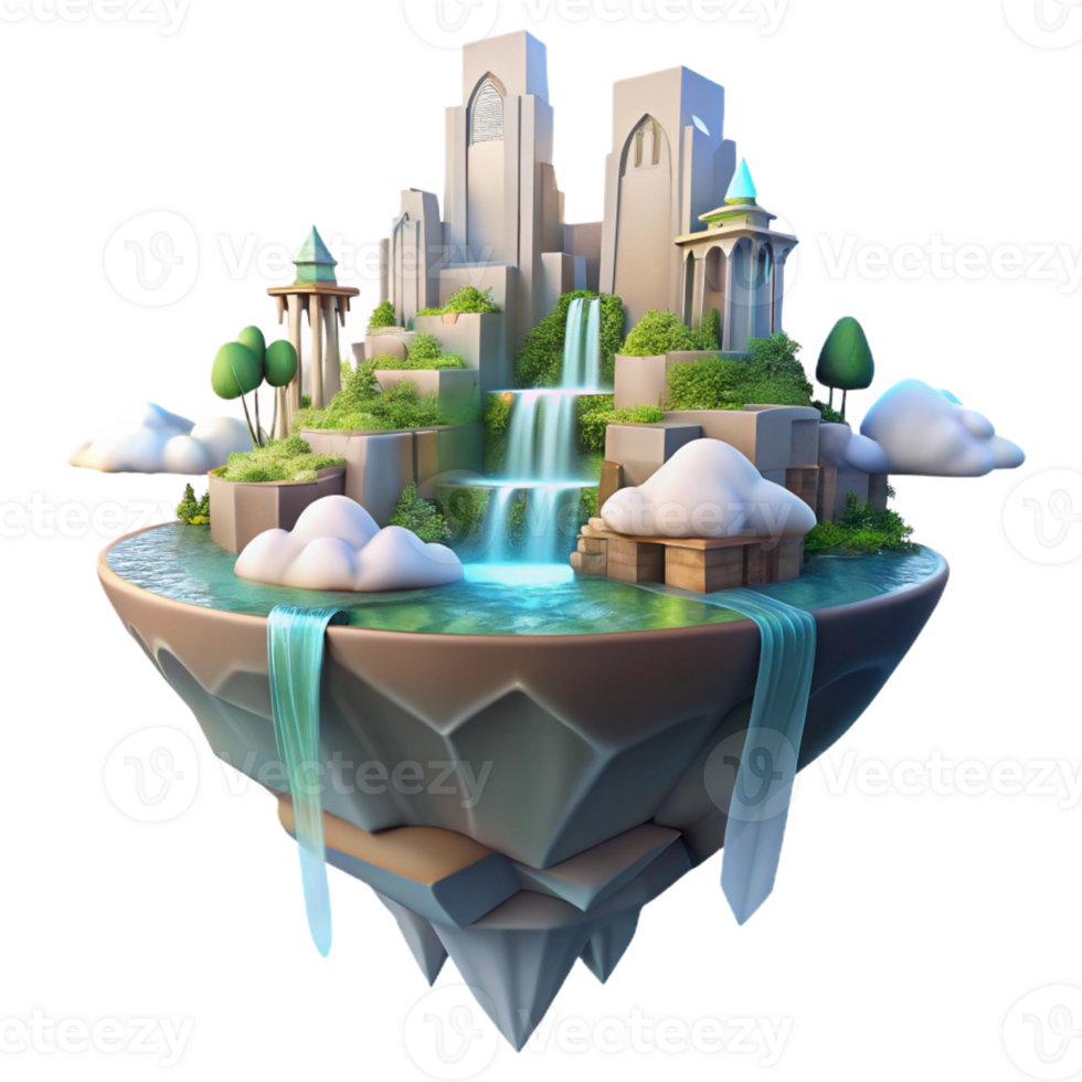 stunning classic Floating island city, waterfalls cascading down the sides, ethereal glow, dreamlike atmosphere, matte painting style, high resolution png