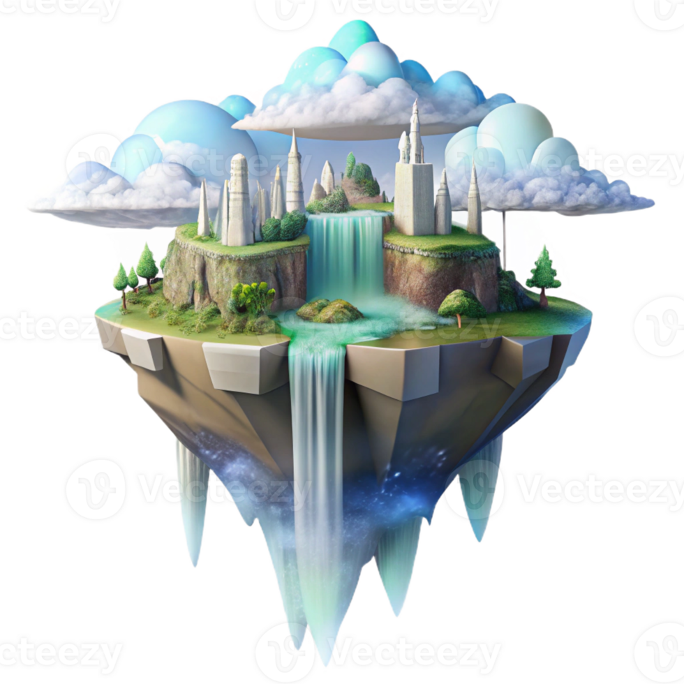stunning traditional A floating island city with waterfalls cascading down the sides, ethereal atmosphere, dreamlike quality, digital art, 4K png