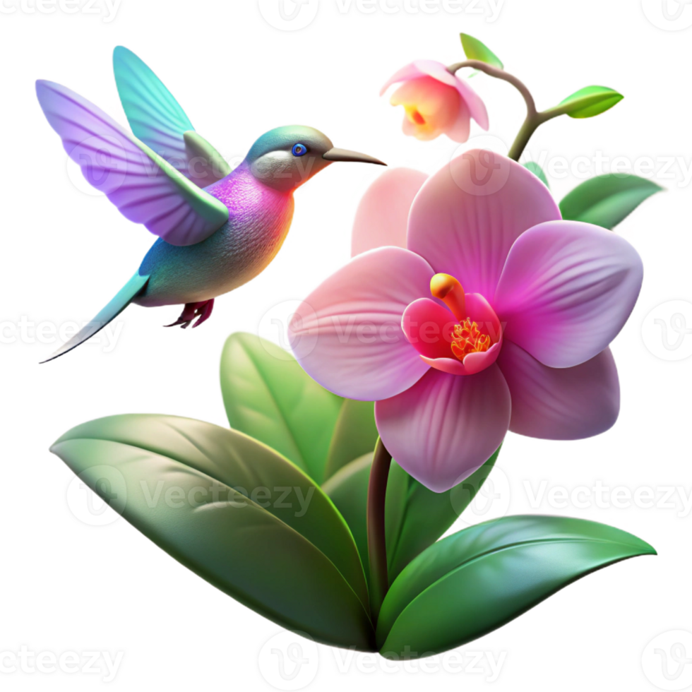 vibrant creative A single, vibrant hummingbird hovering over a neon pink orchid in a misty rainforest at dawn, lit by dappled sunlight premium png