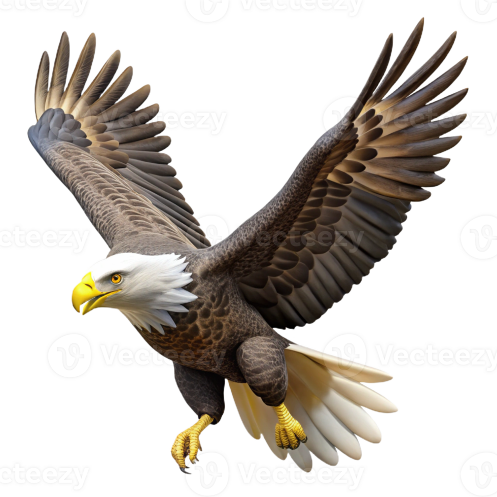 serene rustic A majestic bald eagle soaring through the sky, powerful wings spread wide, realistic style premium png