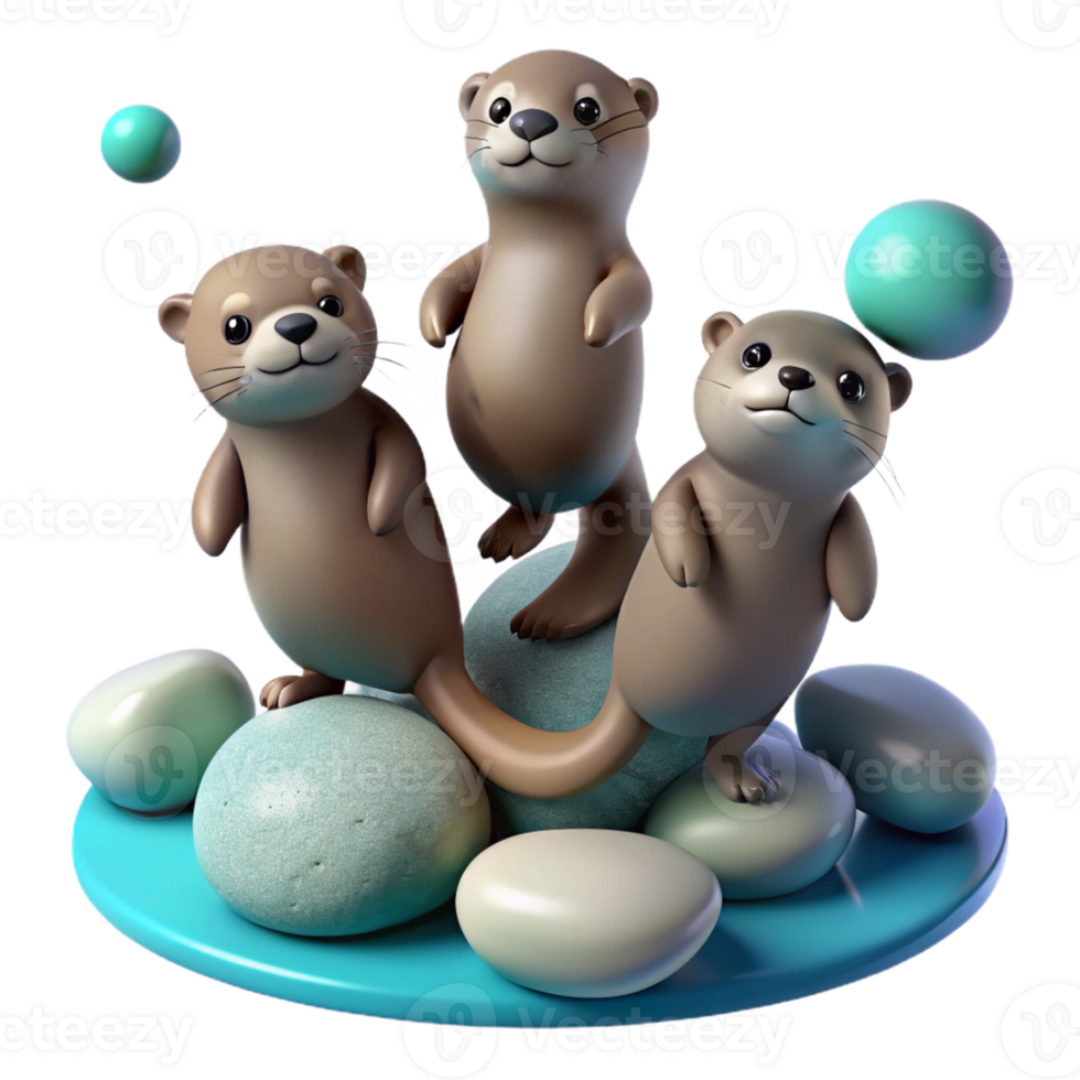 elegant rustic Three playful otters juggling smooth, grey river stones, underwater photography, muted blues and greens authentic png