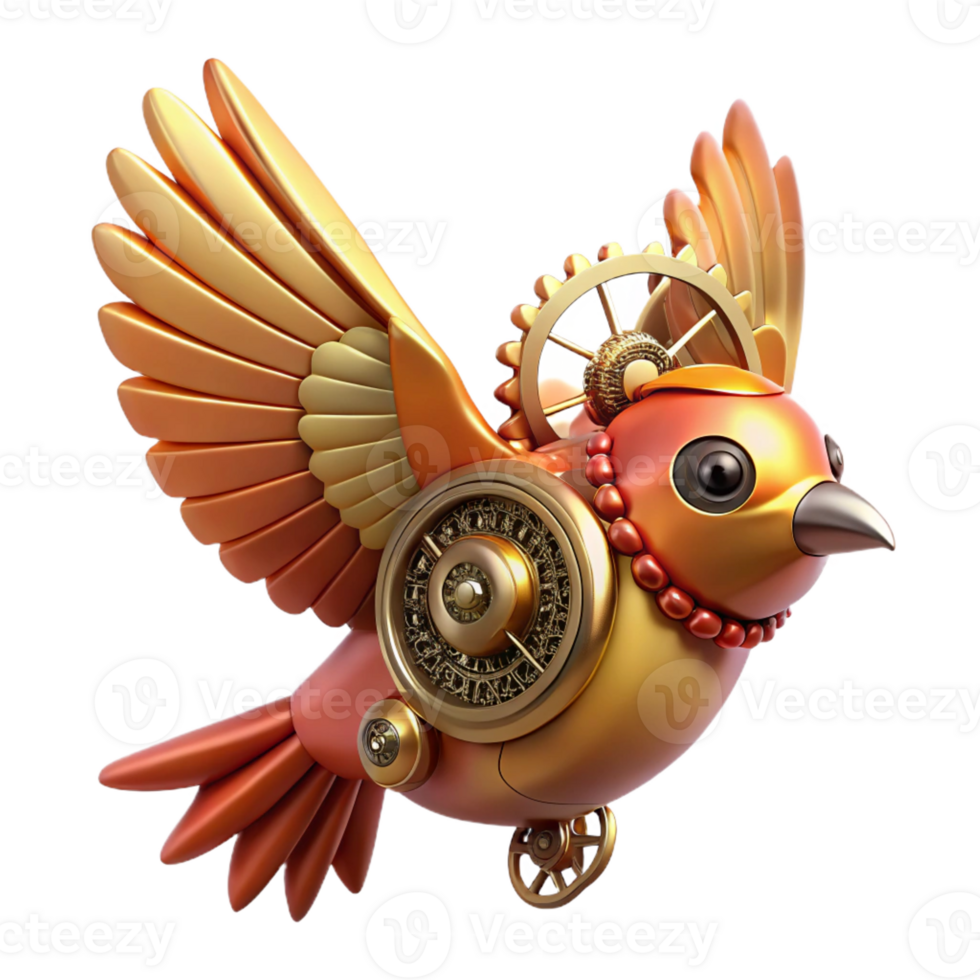 elegant modern A steampunk-inspired mechanical bird in flight, detailed gears and cogs visible, vintage style, warm lighting high quality png