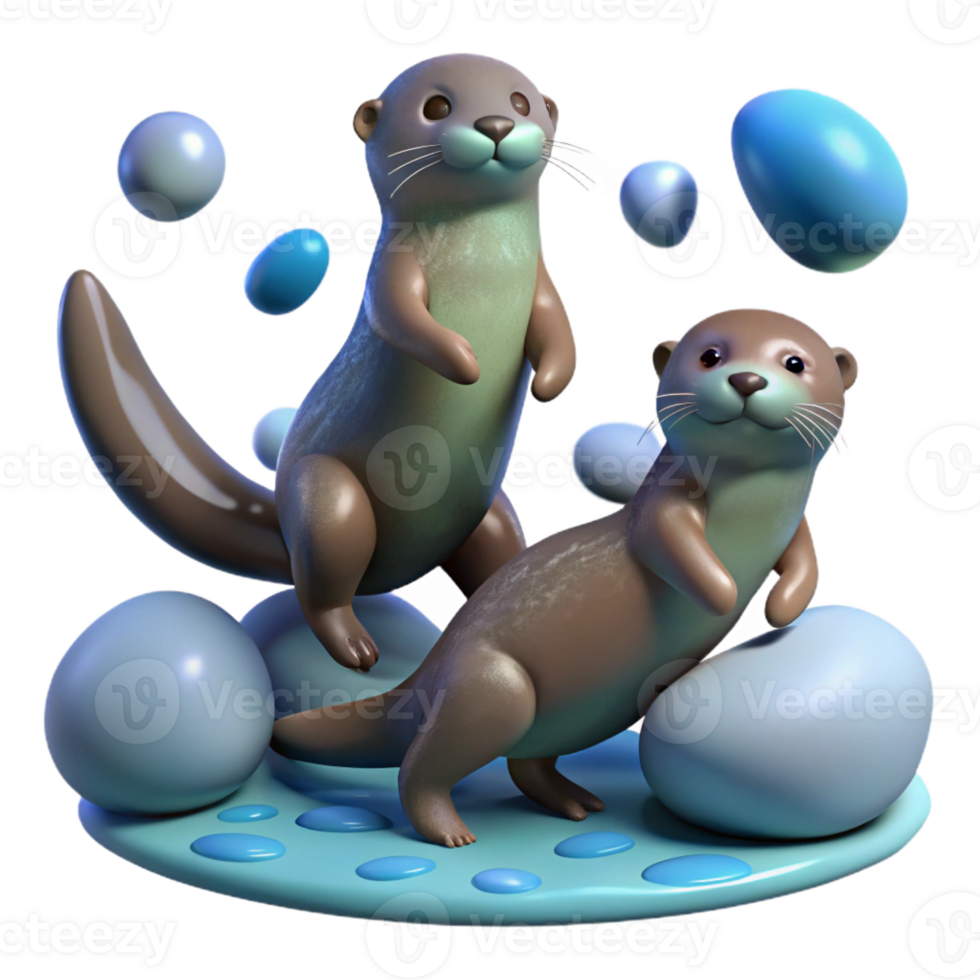 beautiful artistic Three playful otters juggling smooth, grey river stones, underwater photography, muted blues and greens detailed png