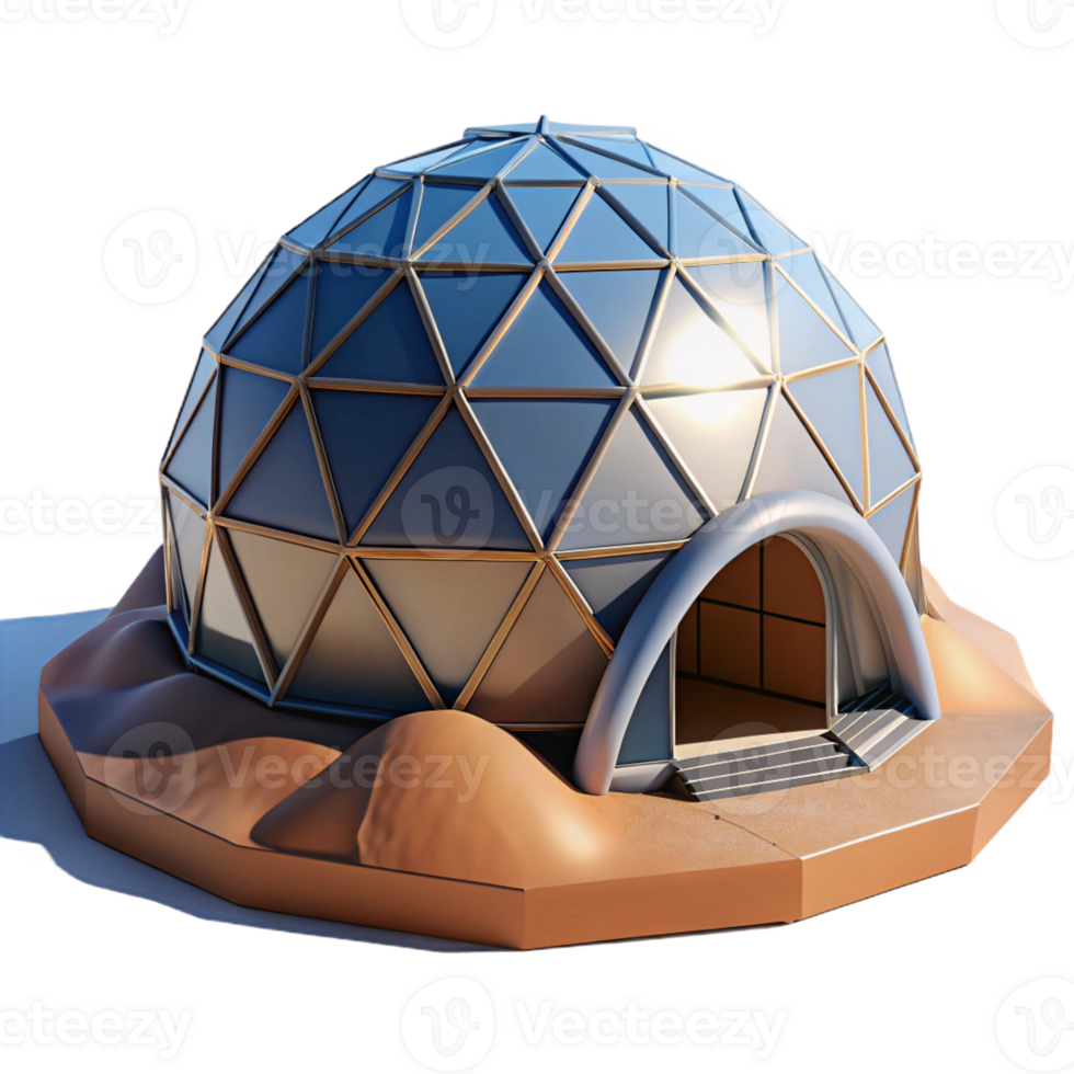 beautiful classic A geodesic dome, futuristic design, desert landscape, bright sunlight, minimalist style high quality png