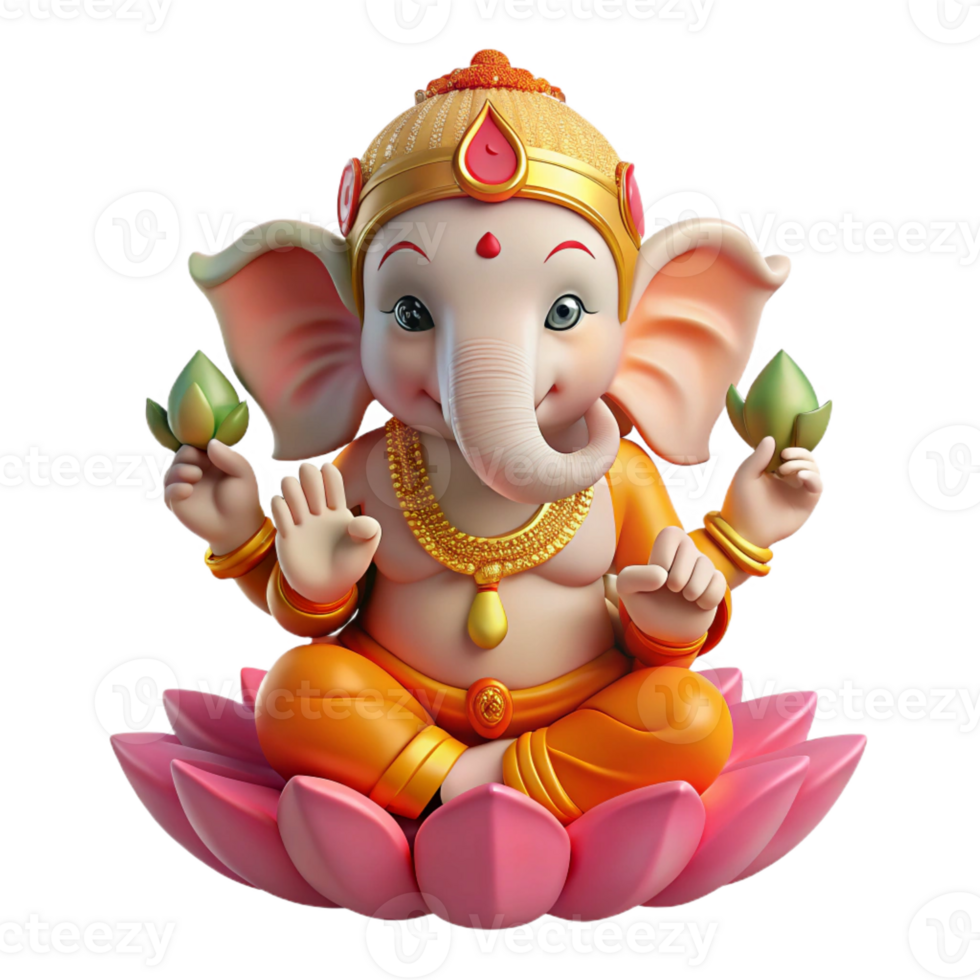 dramatic contemporary The Hindu god Ganesha, with an elephant head and vibrant colorful garments, seated on a lotus flower, intricate Indian miniature style 4K png