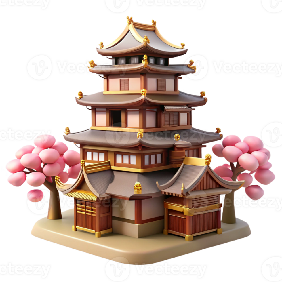 beautiful minimalist A traditional Japanese castle, intricate wooden architecture, cherry blossoms in the foreground, soft lighting, peaceful atmosphere professional png