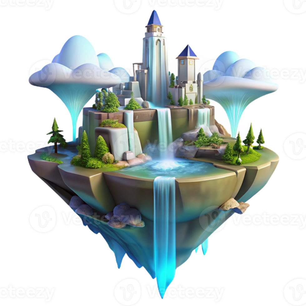 wonderful rustic Floating island city, waterfalls cascading down the sides, ethereal glow, dreamlike atmosphere, matte painting style, genuine png