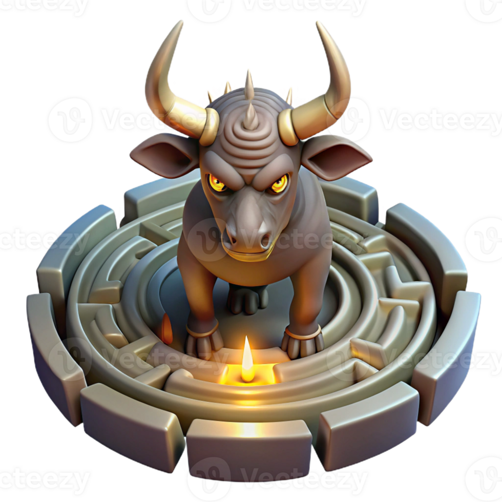wonderful classic A powerful Minotaur trapped in the labyrinth, shafts of light piercing the darkness, realistic style high resolution png