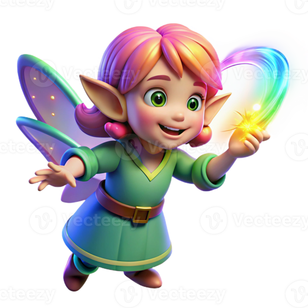 dramatic contemporary A mischievous pixie casting a spell with shimmering rainbow dust, vibrant neon lighting, anime style exclusive png