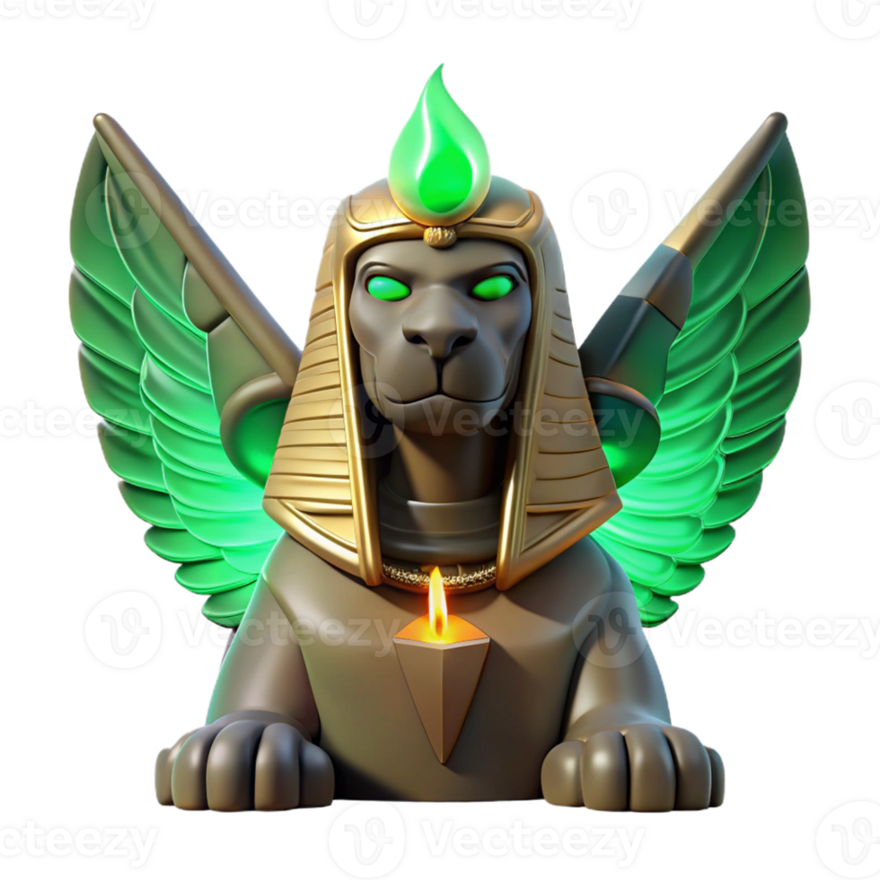 extraordinary creative A mysterious sphinx with wings of obsidian and a gaze of emerald fire, dramatic lighting, surrealism authentic png