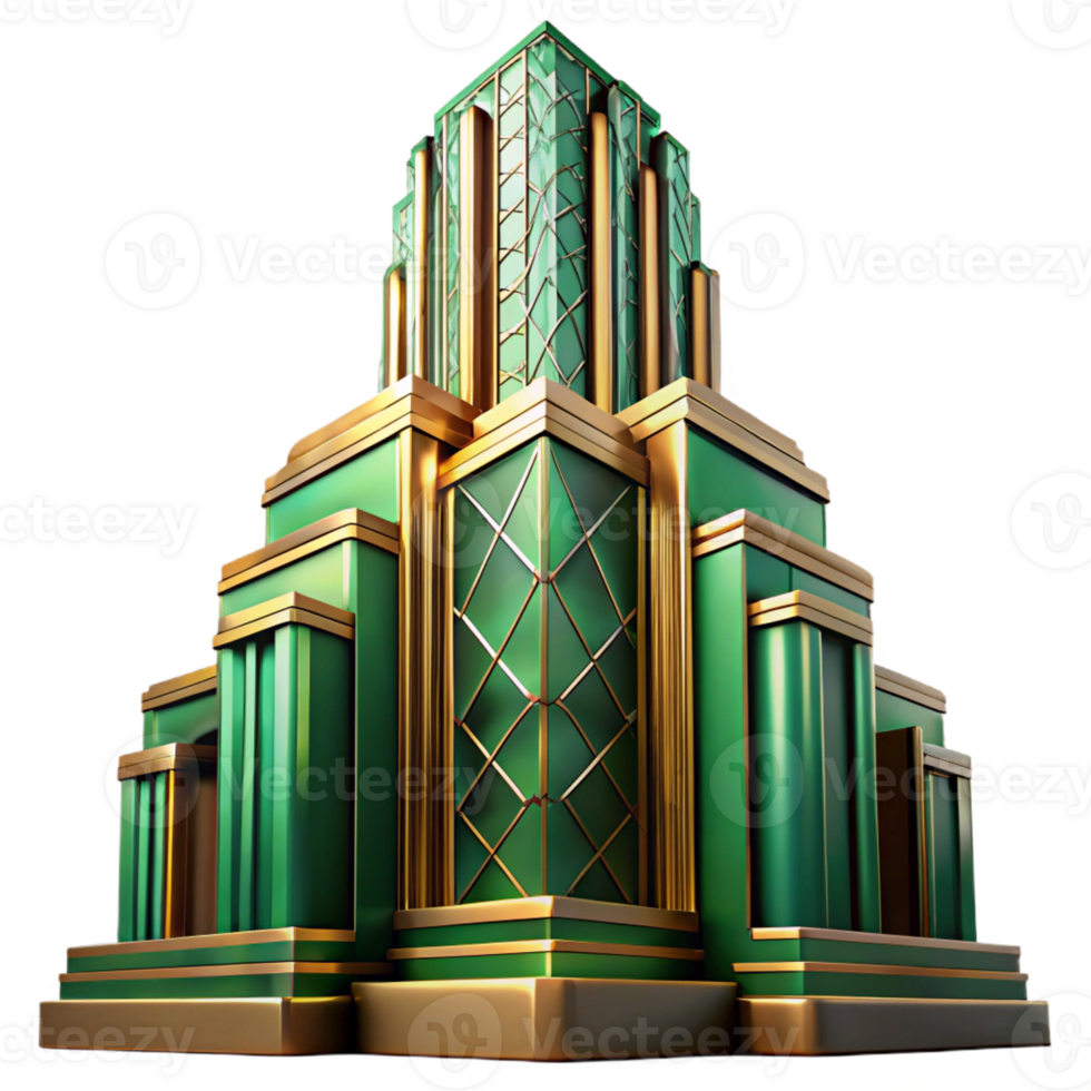 elegant contemporary Art Deco skyscraper, emerald green and gold accents, sunset lighting, highly polished surfaces, stylized geometric patterns high quality png