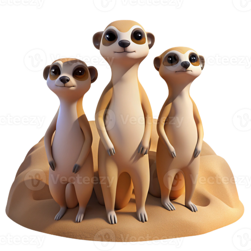 stunning modern A group of meerkats standing guard on a sandy dune, warm desert lighting, cartoon style exclusive png