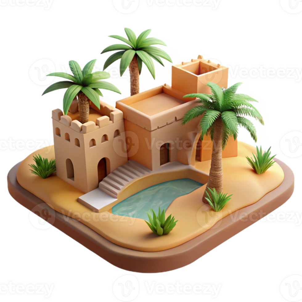 extraordinary contemporary Desert oasis, traditional mud-brick architecture, palm trees, bright sunlight, peaceful atmosphere, realistic rendering, authentic png
