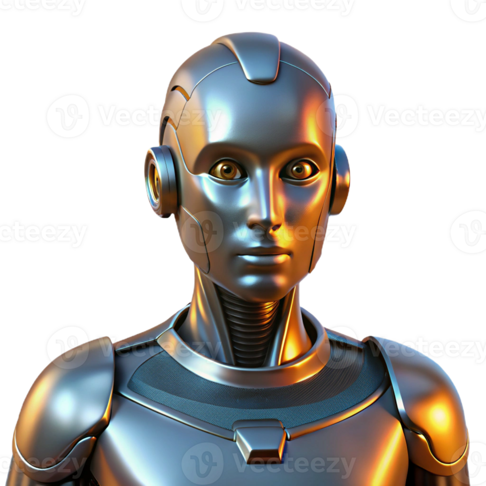 dramatic modern A portrait of a robot with human-like features, metallic reflections, cinematic lighting high resolution png