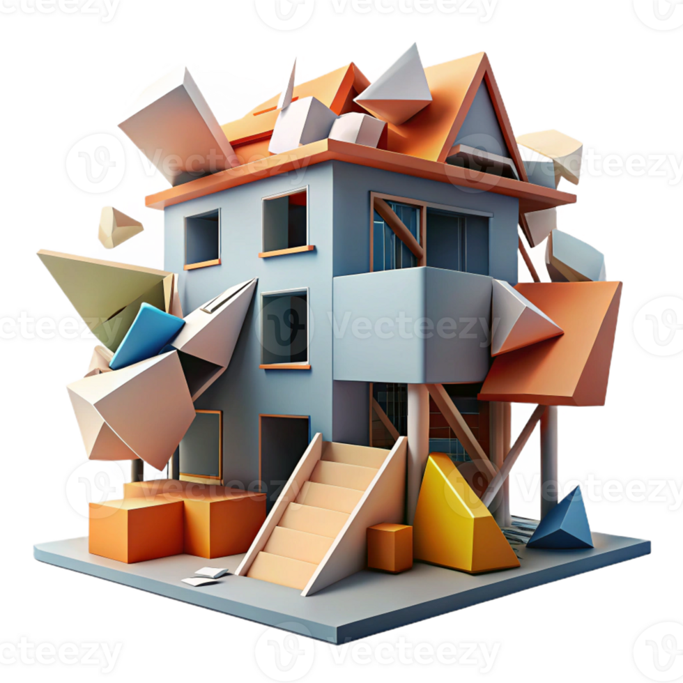 dramatic artistic A Deconstructivist building, fragmented shapes, clashing materials, chaotic, dynamic style detailed png