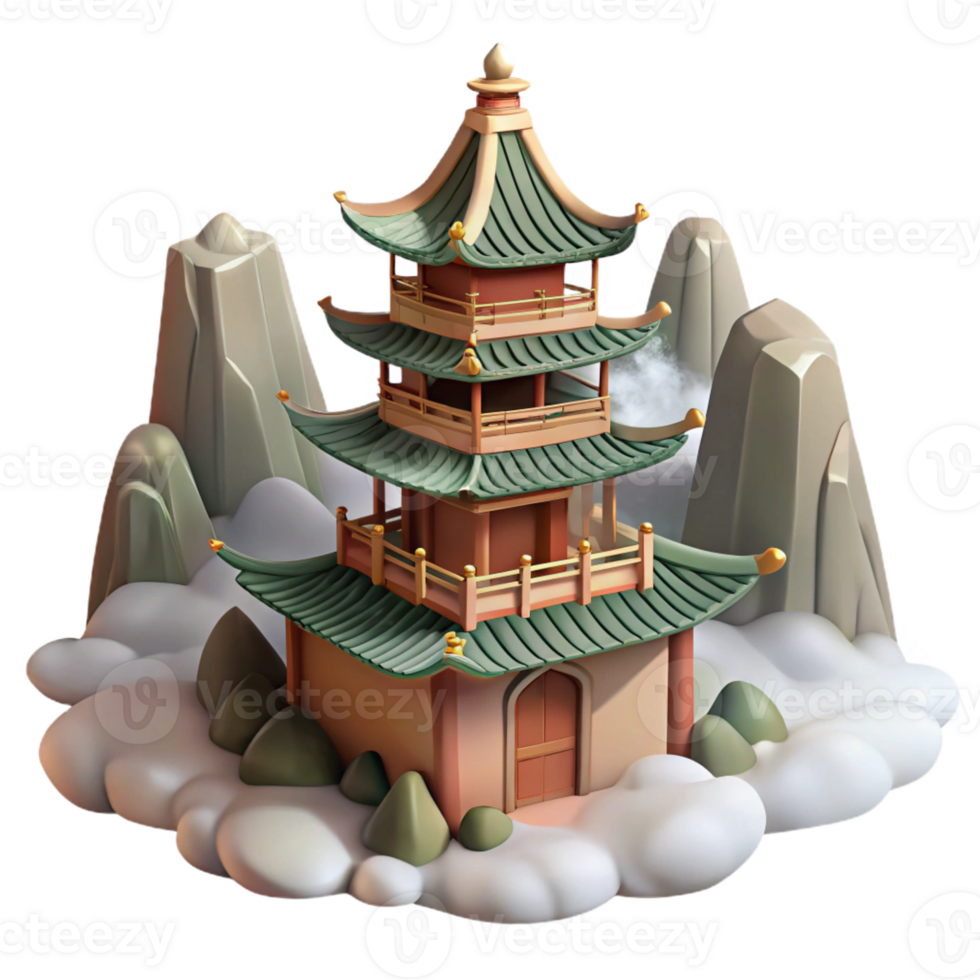 dramatic artistic A traditional Chinese pagoda nestled in a mountain landscape, misty atmosphere, serene, traditional painting style, premium png