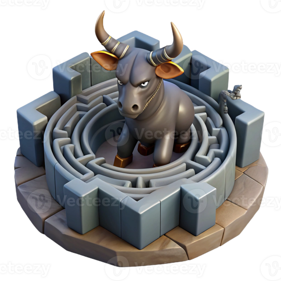 dramatic creative The Minotaur trapped in the labyrinth, shadows stretching across the stone walls, illustrated in a graphic novel style genuine png