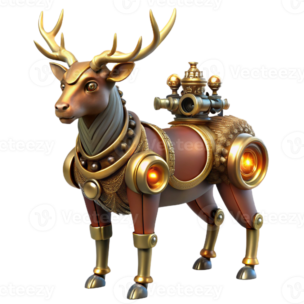 serene rustic A steampunk automaton resembling a majestic stag, with gears and pistons visible beneath its metallic hide, illuminated by a dramatic spotlight exclusive png