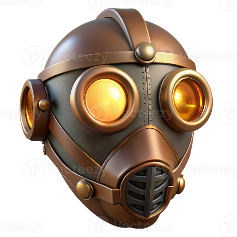 wonderful artistic A steampunk mask, crafted from brass and leather, with glowing lenses, illuminated by a flickering candlelight. Low-key lighting, Art Deco style high resolution png
