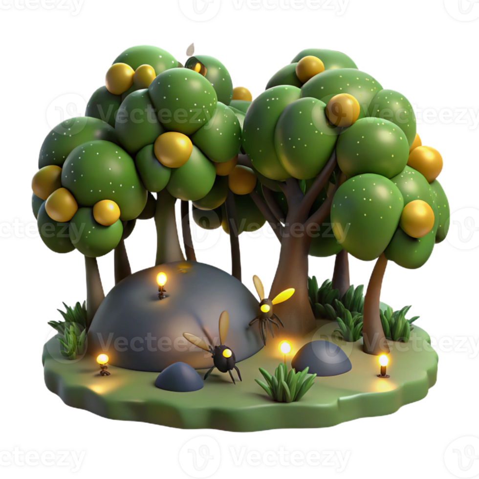 wonderful modern A swarm of fireflies illuminating a dark forest, magical realism style, bioluminescent lighting premium png
