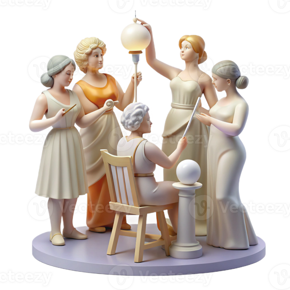 magnificent classic A group of Muses inspiring an artist, soft, diffused light, neoclassical style high quality png