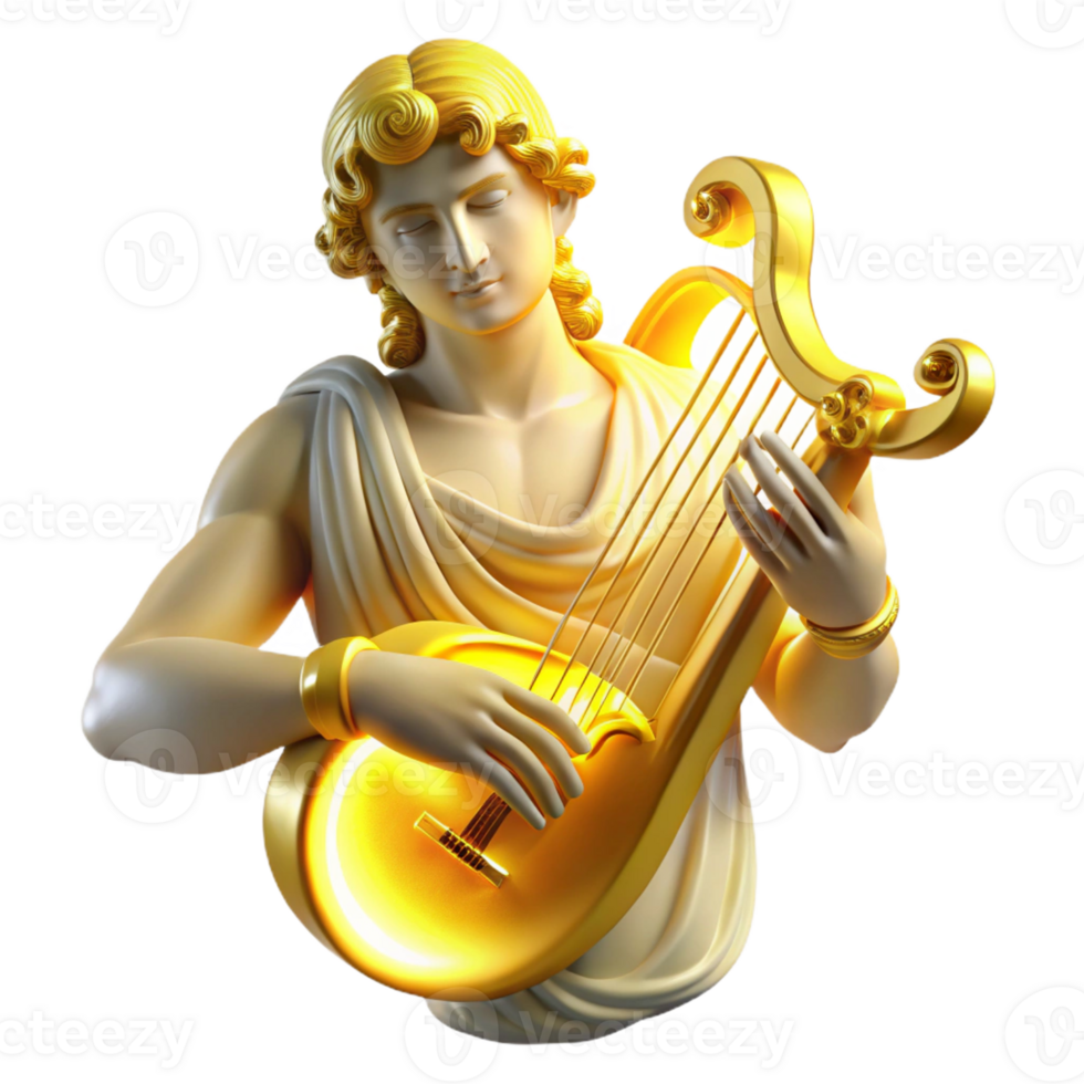 stunning creative A radiant Apollo playing a lyre, golden light emanating from his figure, rendered in a neoclassical style high quality png