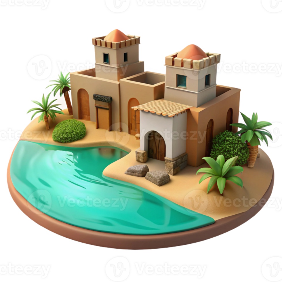 extraordinary vintage A desert oasis, adobe buildings, shimmering heat haze, vibrant turquoise water, peaceful, serene style high resolution png