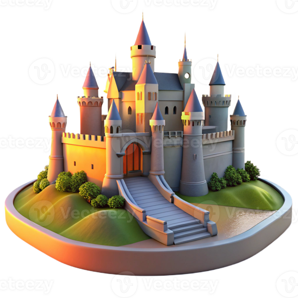 dramatic artistic A medieval castle on a hilltop, surrounded by a moat, dramatic sunset, matte painting premium png