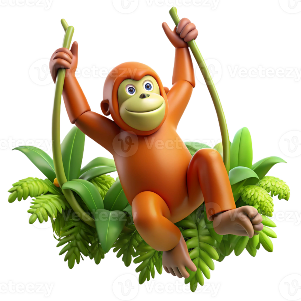 vibrant creative A playful orangutan swinging through the jungle, dynamic pose, lush green setting, 4K png