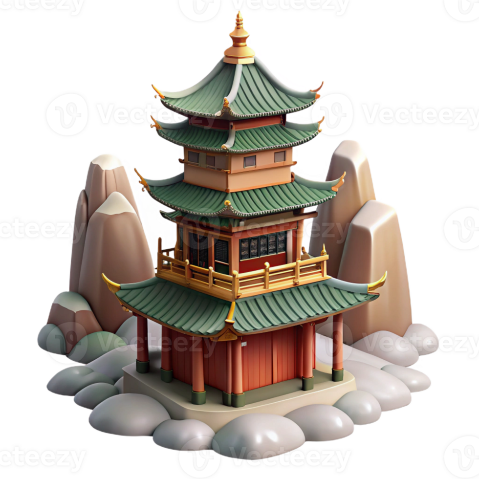 wonderful modern A traditional Chinese pagoda nestled in a mountain landscape, misty atmosphere, serene, traditional painting style, high quality png