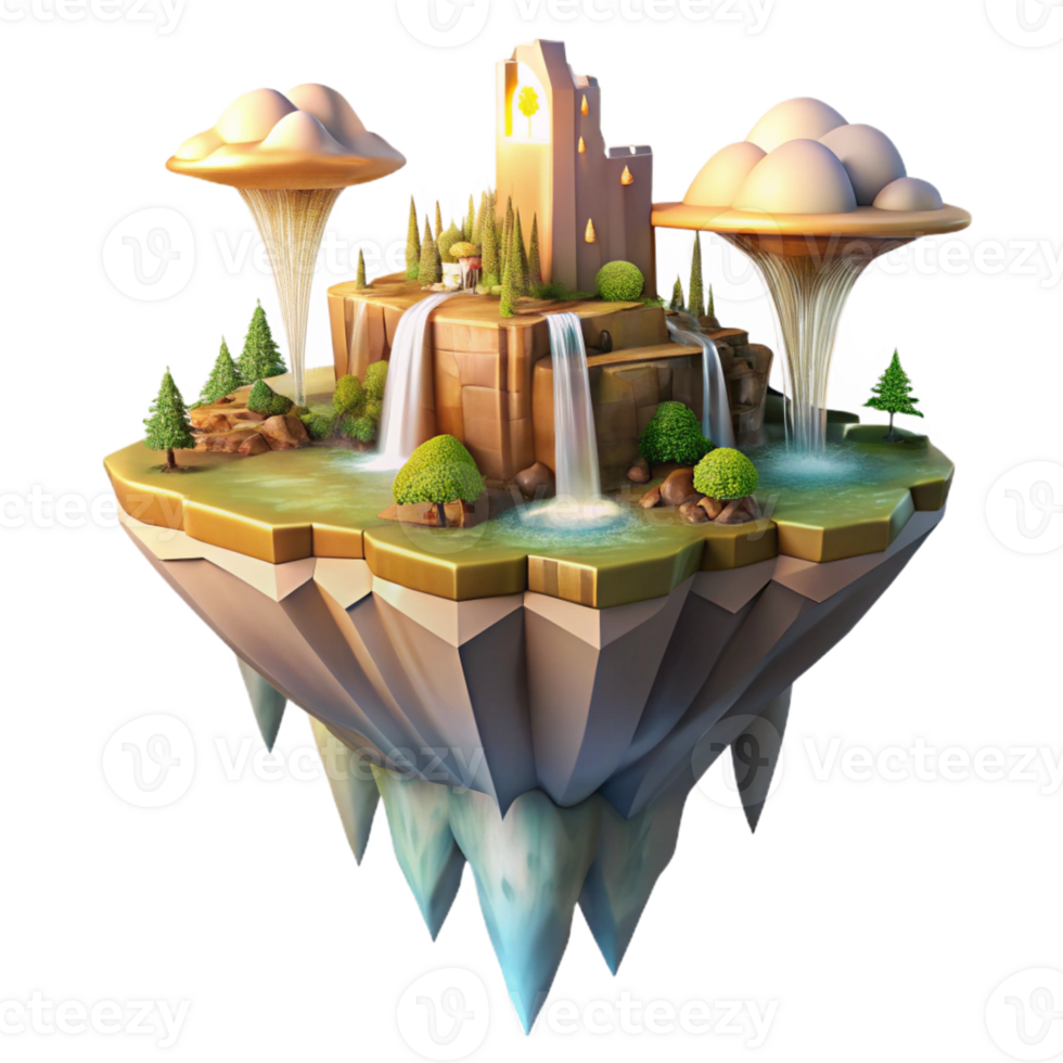 serene contemporary A floating island city with waterfalls cascading down the sides, golden hour lighting, fantasy style, matte painting, premium png