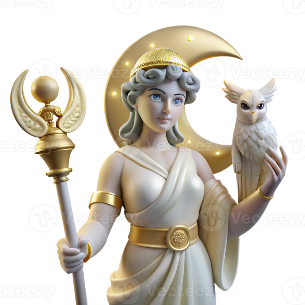 dramatic creative A wise Athena, Goddess of Wisdom, holding an owl and a spear, bathed in the soft glow of moonlight, neoclassical style original png