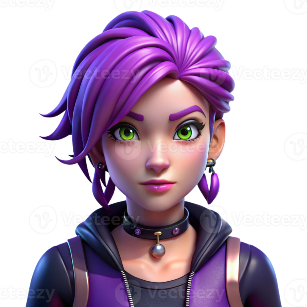 stunning rustic A woman with vibrant purple hair and multiple piercings, a rebellious expression, neon punk lighting, urban style original png