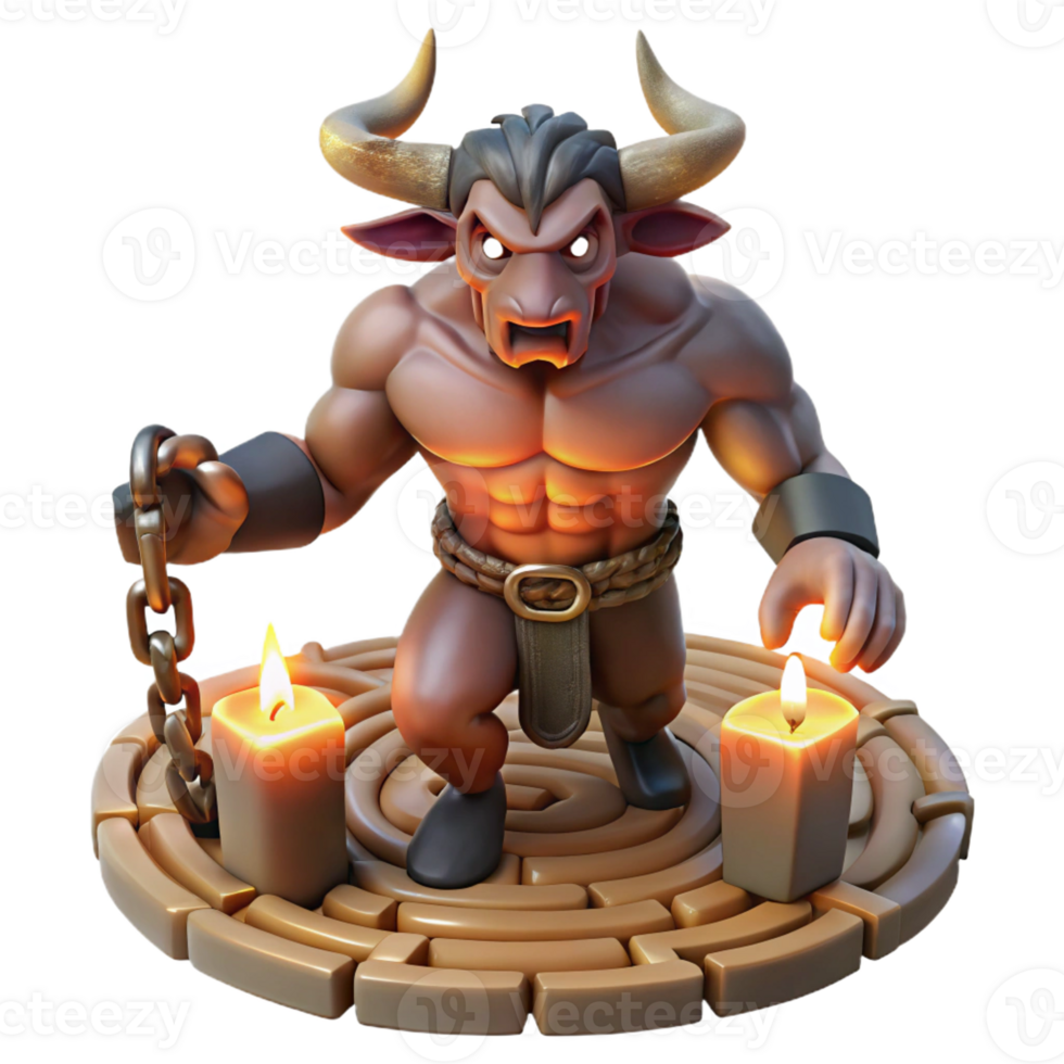 serene creative A powerful Minotaur with the body of a man and the head of a bull, trapped in a labyrinth bathed in dim torchlight, graphic novel style 4K png