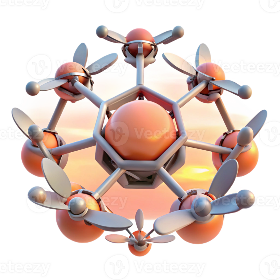 impressive artistic A group of drones forming a complex geometric pattern in the sky, minimalist style, sunset lighting exclusive png