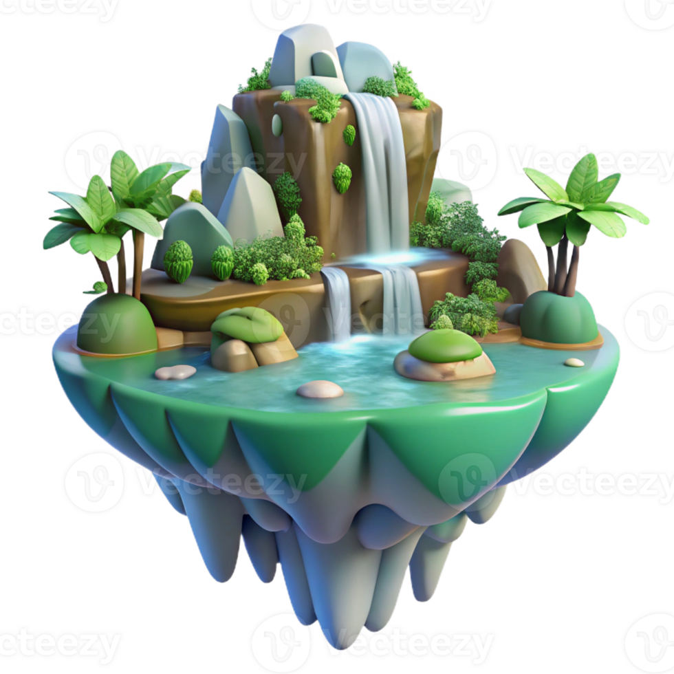 magnificent creative A floating island with waterfalls cascading down its sides, lush vegetation, fantasy setting, soft light exclusive png