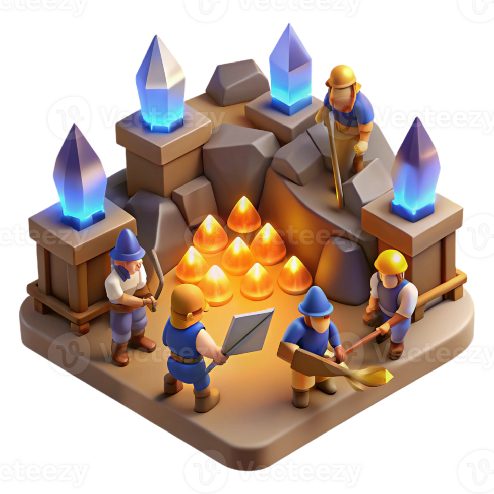 beautiful classic A group of dwarves mining for gems in a cavern lit by glowing crystals, warm lighting, isometric view premium png